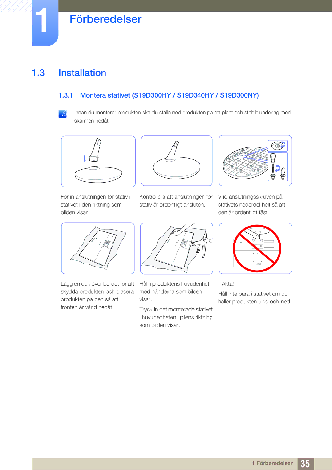 Samsung LS24D300HLR/EN, LS24D340HSX/EN, LS24D300HS/EN manual Installation, Montera stativet S19D300HY / S19D340HY / S19D300NY 