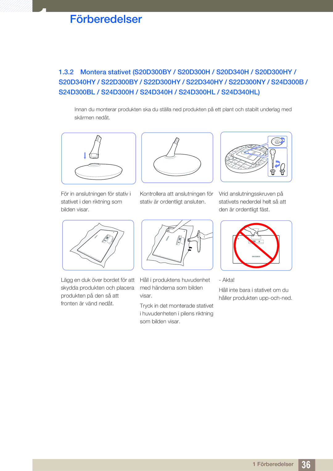 Samsung LS24D340HSX/EN, LS24D300HS/EN, LS24D300HLR/EN manual Förberedelser 