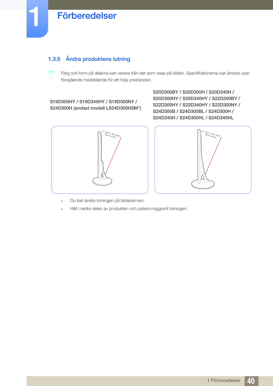 Samsung LS24D300HS/EN, LS24D340HSX/EN, LS24D300HLR/EN manual 6 Ändra produktens lutning 