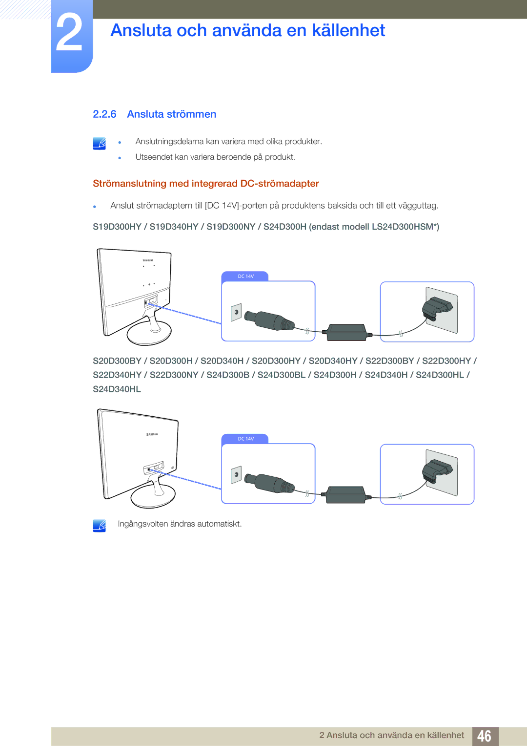 Samsung LS24D300HS/EN, LS24D340HSX/EN, LS24D300HLR/EN manual Ansluta strömmen, Strömanslutning med integrerad DC-strömadapter 