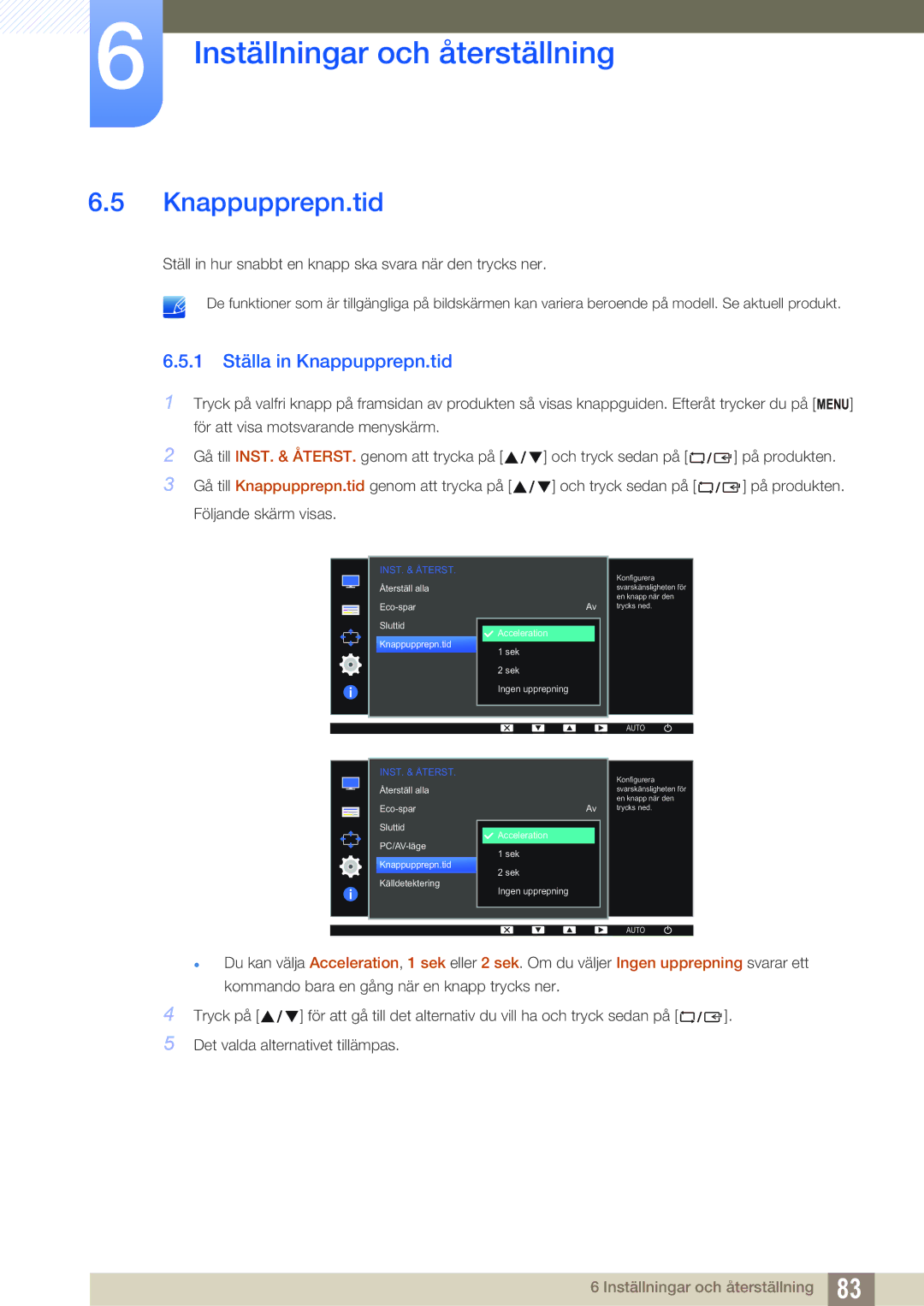 Samsung LS24D300HLR/EN, LS24D340HSX/EN, LS24D300HS/EN manual 1 Ställa in Knappupprepn.tid 