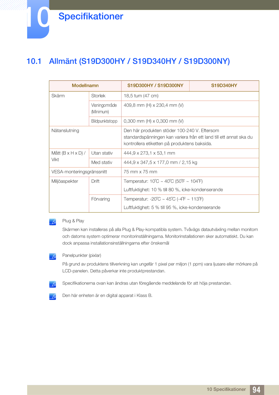 Samsung LS24D300HS/EN, LS24D340HSX/EN, LS24D300HLR/EN manual Specifikationer, Allmänt S19D300HY / S19D340HY / S19D300NY 