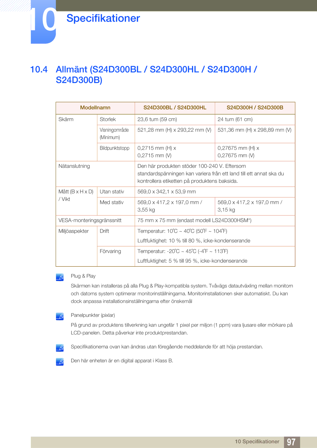 Samsung LS24D300HS/EN, LS24D340HSX/EN, LS24D300HLR/EN manual Allmänt S24D300BL / S24D300HL / S24D300H / S24D300B 