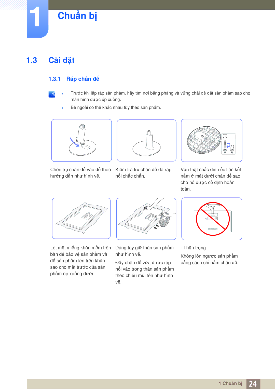 Samsung LS24D360HL/XV, LS27D360HS/XV, LS22D360HS/XV manual Cài đặt, 1 Ráp chân đế 