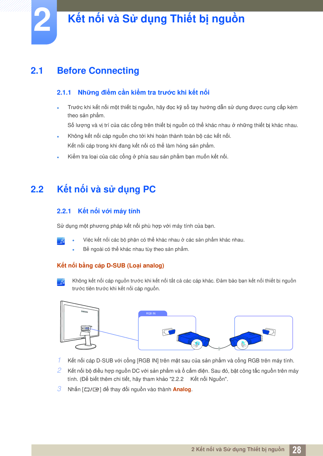 Samsung LS27D360HS/XV Kết nối và Sử dụng Thiết bị nguồn, Before Connecting, Kết nối và sử dụng PC, 1 Kết nối với máy tính 