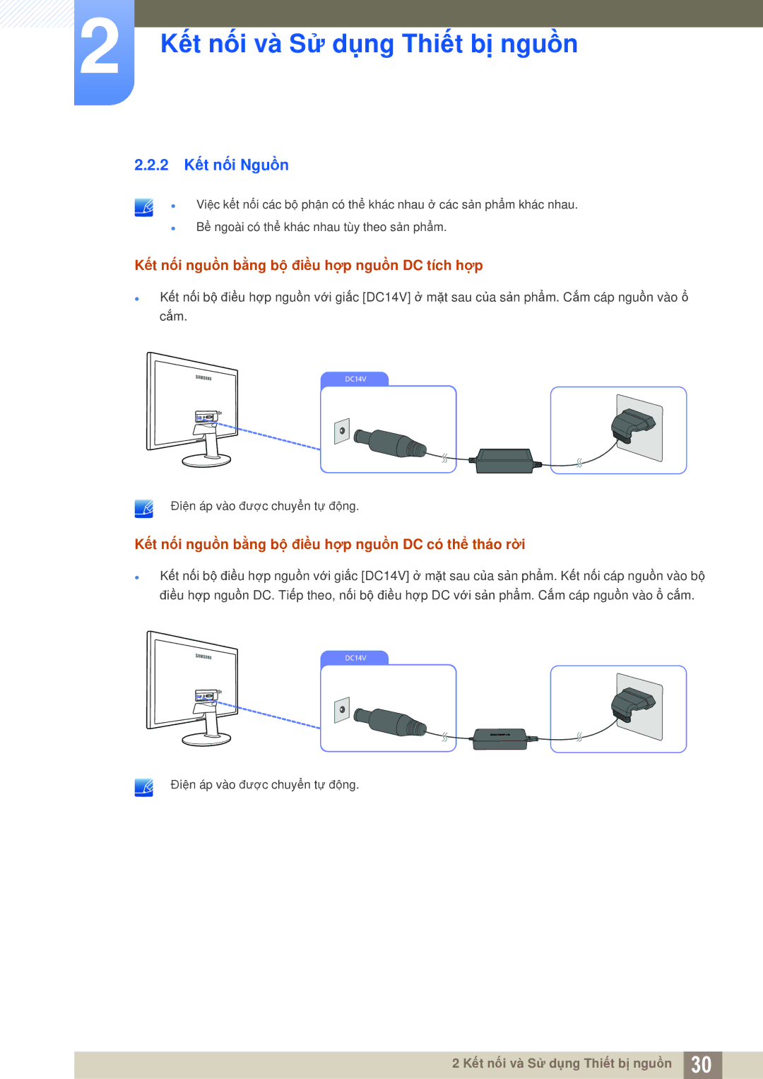 Samsung LS24D360HL/XV, LS27D360HS/XV, LS22D360HS/XV manual 2 Kết nối Nguồn, Kết nối nguồn bằng bộ điều hợp nguồn DC tích hợp 