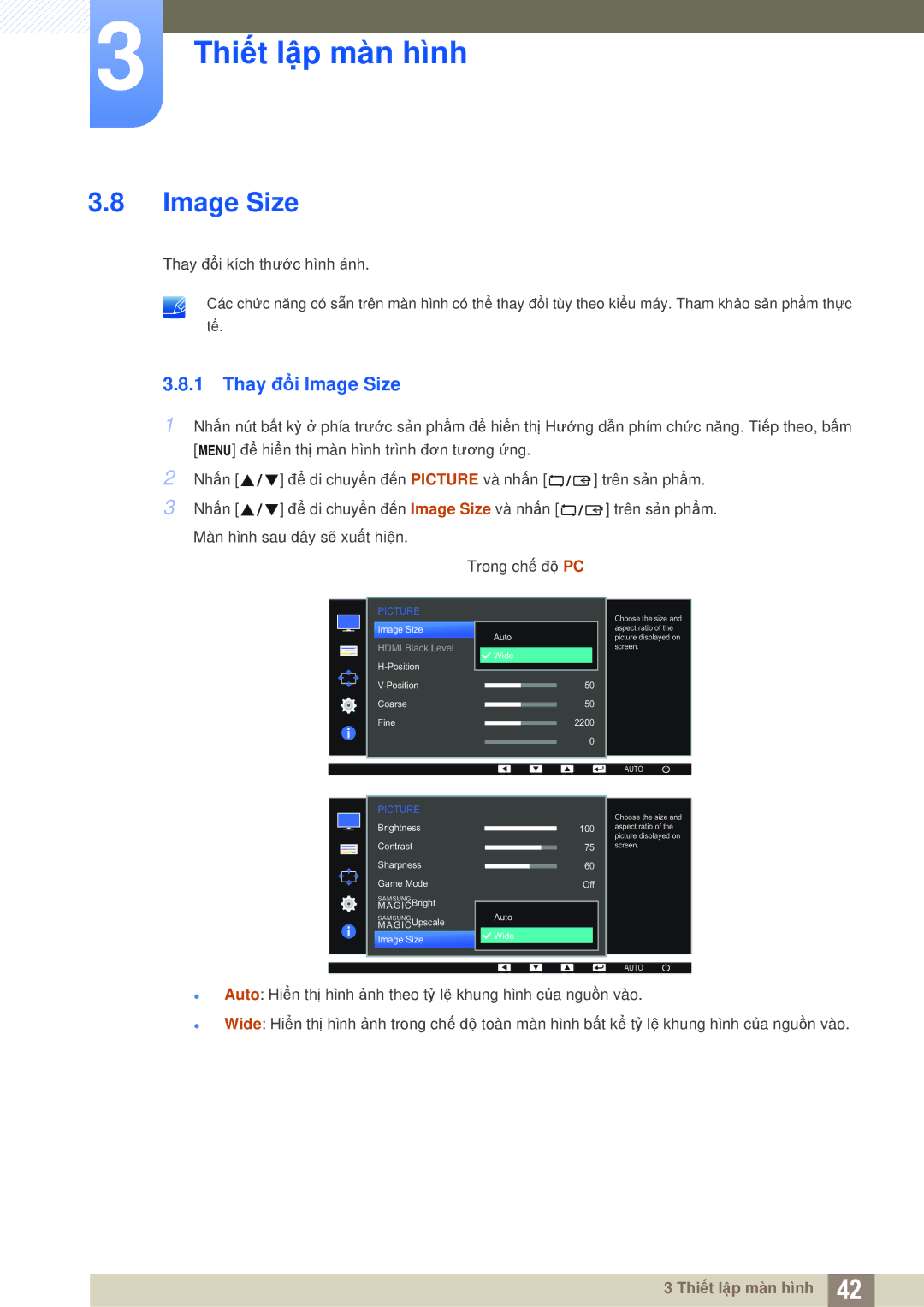 Samsung LS24D360HL/XV, LS27D360HS/XV, LS22D360HS/XV manual Thay đổi Image Size 