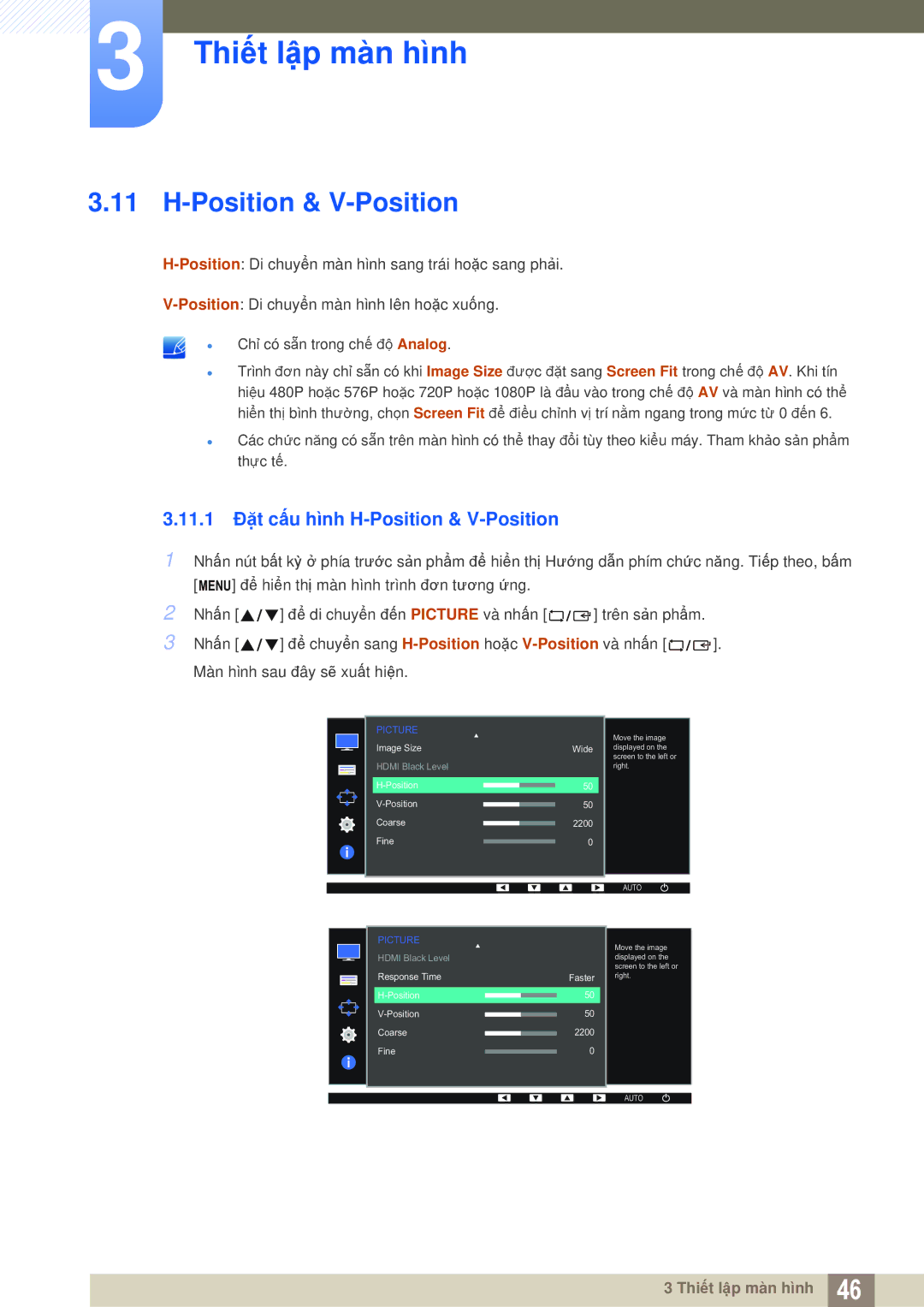 Samsung LS27D360HS/XV, LS24D360HL/XV, LS22D360HS/XV manual 11.1 Đặt cấu hình H-Position & V-Position 