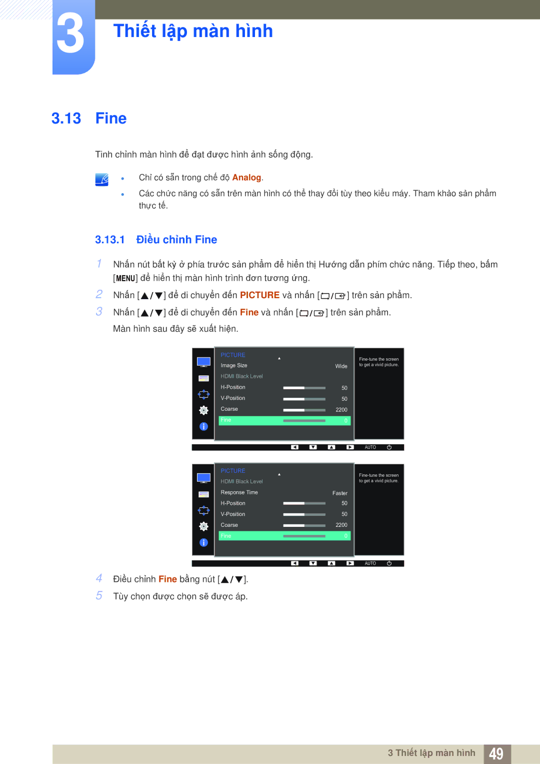 Samsung LS27D360HS/XV, LS24D360HL/XV, LS22D360HS/XV manual 13.1 Điều chỉnh Fine 