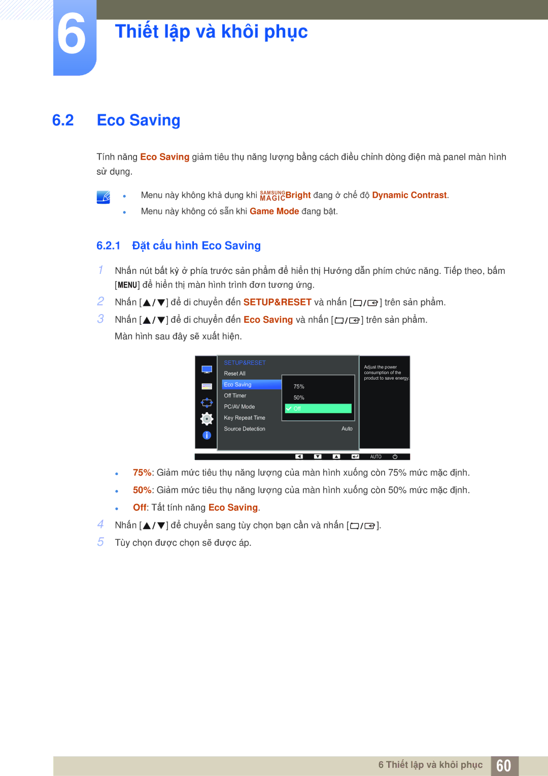 Samsung LS24D360HL/XV, LS27D360HS/XV, LS22D360HS/XV manual 1 Đặt cấu hình Eco Saving 