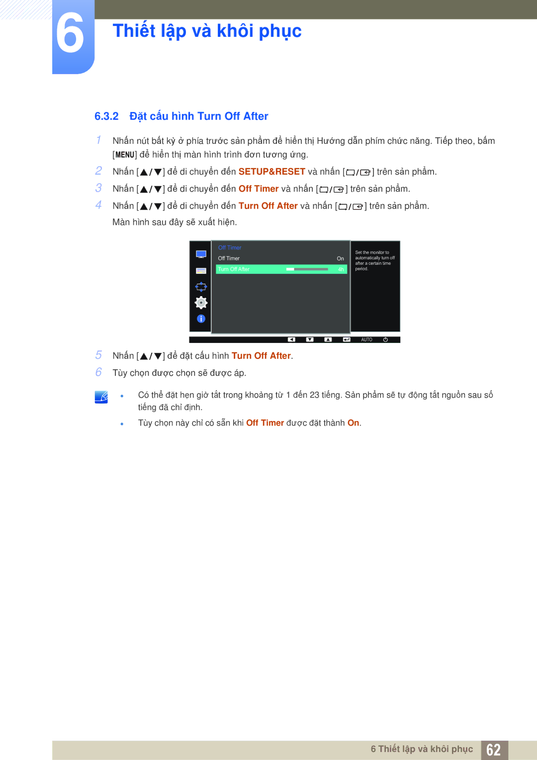 Samsung LS22D360HS/XV, LS24D360HL/XV, LS27D360HS/XV manual 2 Đặt cấu hình Turn Off After 