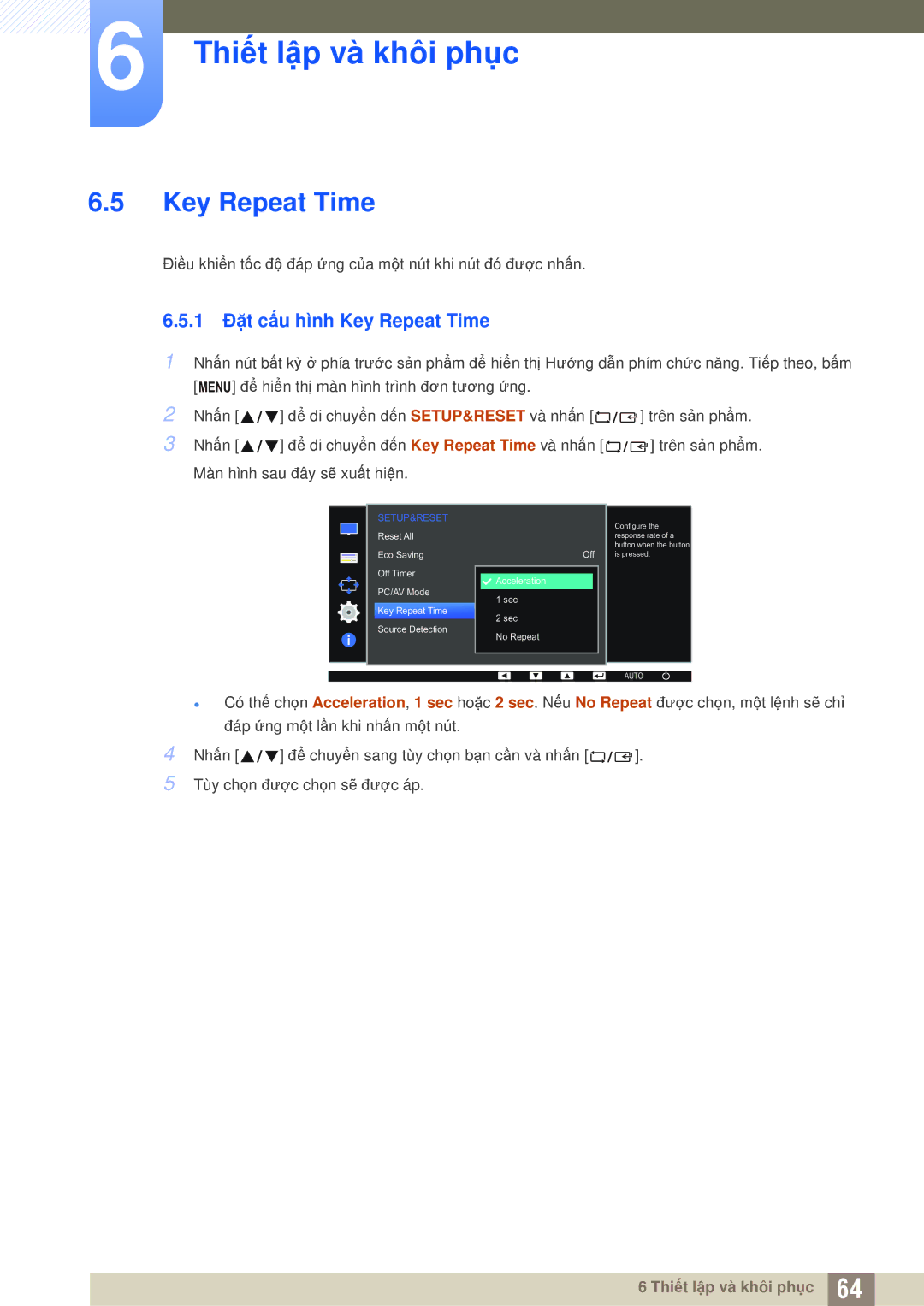 Samsung LS27D360HS/XV, LS24D360HL/XV, LS22D360HS/XV manual 1 Đặt cấu hình Key Repeat Time 
