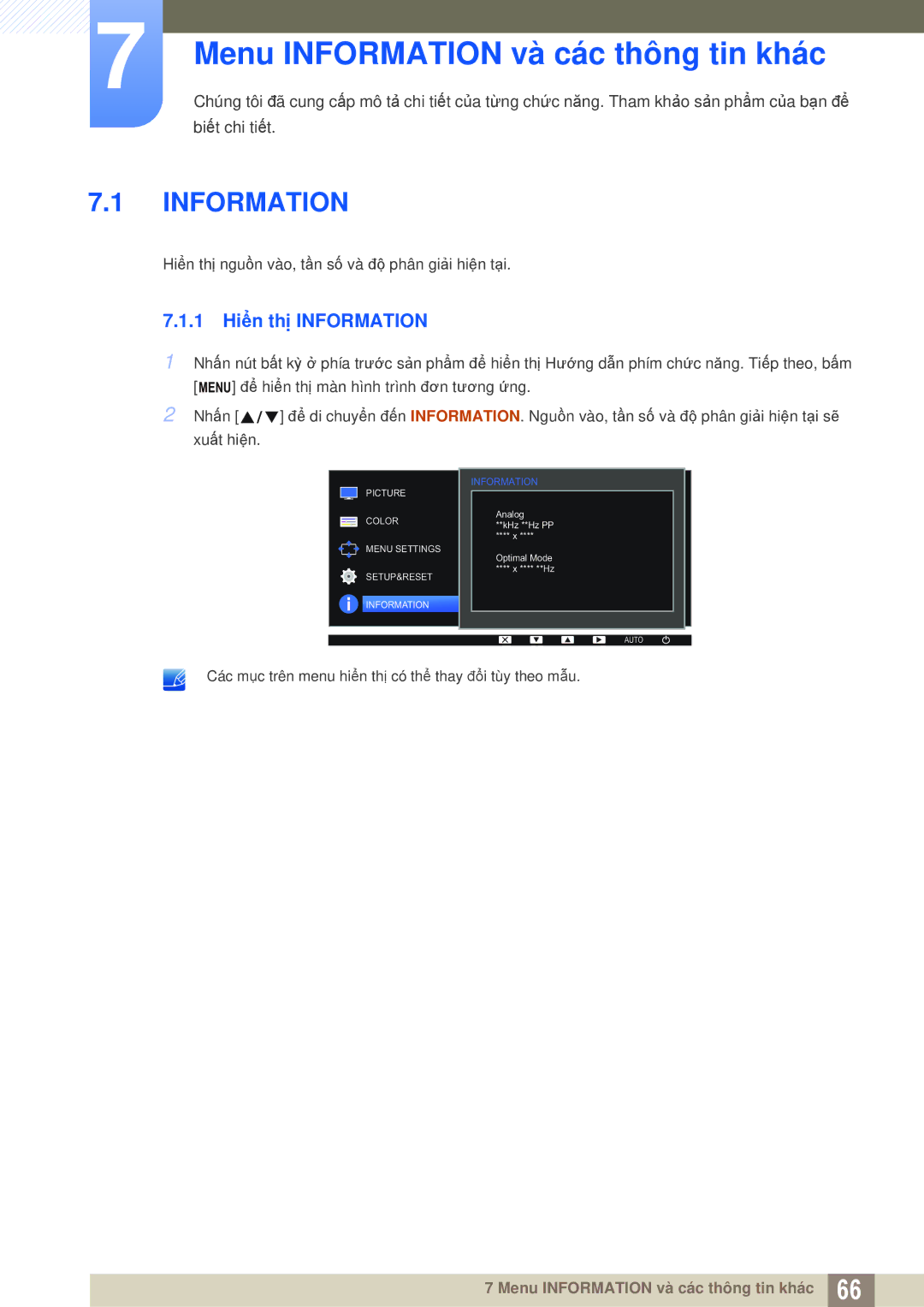 Samsung LS24D360HL/XV, LS27D360HS/XV, LS22D360HS/XV manual Menu Information và các thông tin khác, 1 Hiển thị Information 