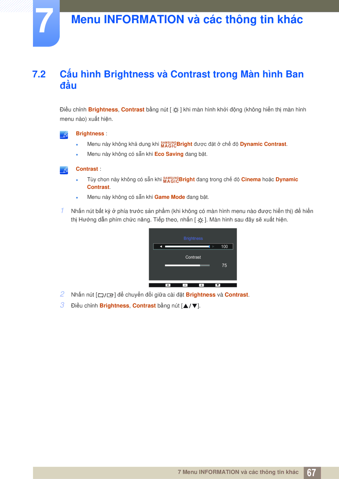 Samsung LS27D360HS/XV, LS24D360HL/XV, LS22D360HS/XV manual Cấu hình Brightness và Contrast trong Màn hình Ban Đầu 