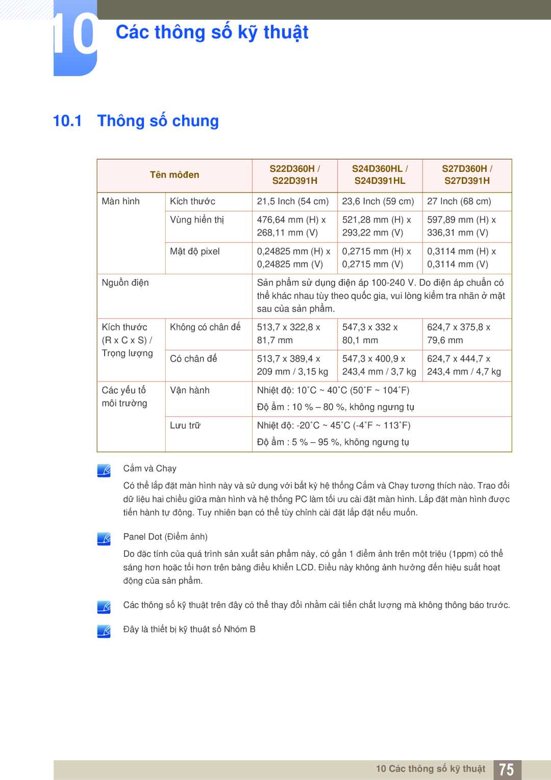 Samsung LS24D360HL/XV, LS27D360HS/XV, LS22D360HS/XV manual 10 Các thông số kỹ thuật, 10.1 Thông số chung 