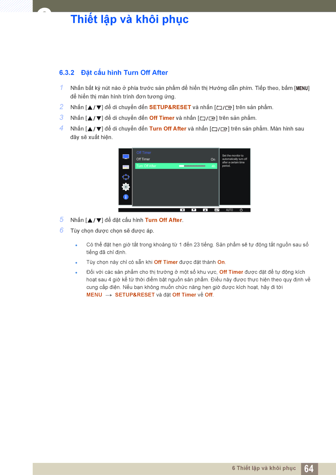 Samsung LS24D390HL/XV, LS27D390HS/XV, LS24D360HL/XV, LS22D390HS/XV manual 2 Đặt cấu hình Turn Off After 