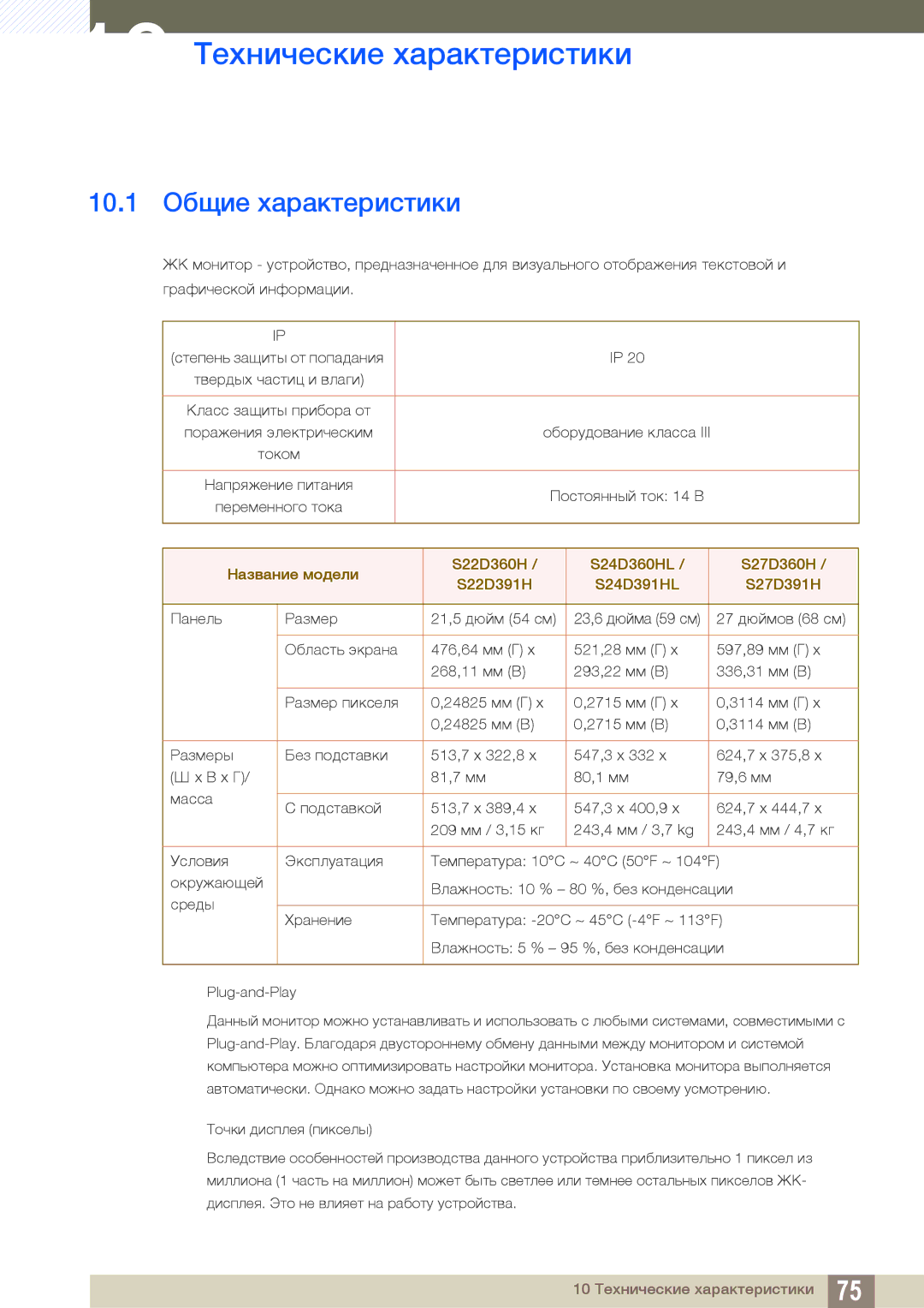 Samsung LS24D391HLX/CI, LS24D391HL/EN, LS24D391HLX/KZ manual 10 Технические характеристики, 10.1 Общие характеристики 