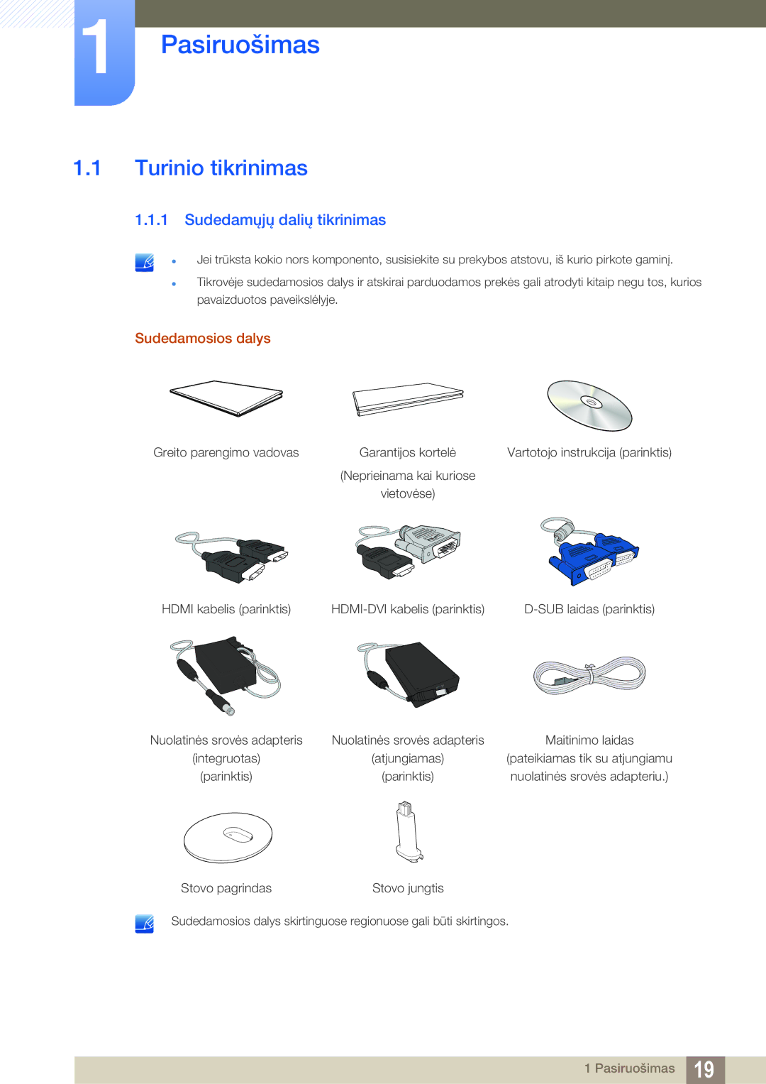 Samsung LS24D391HL/EN manual Pasiruošimas, Turinio tikrinimas, Sudedamųjų dalių tikrinimas, Sudedamosios dalys 