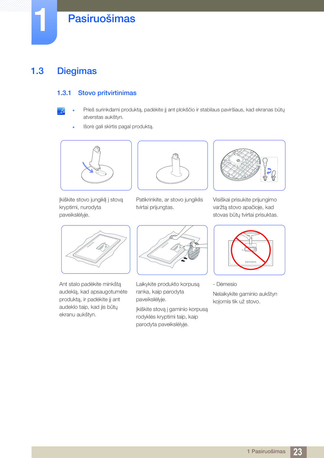 Samsung LS24D391HL/EN manual Diegimas, Stovo pritvirtinimas 