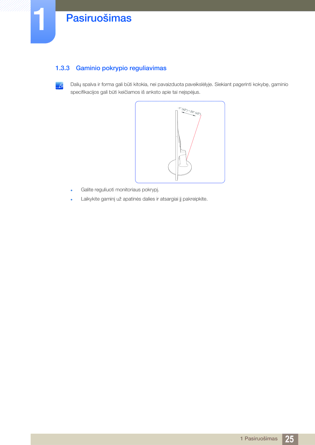 Samsung LS24D391HL/EN manual Gaminio pokrypio reguliavimas 