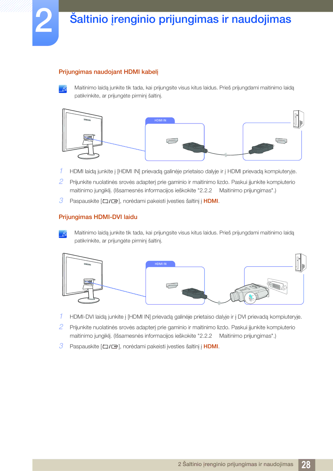 Samsung LS24D391HL/EN manual Prijungimas naudojant Hdmi kabelį, Prijungimas HDMI-DVI laidu 