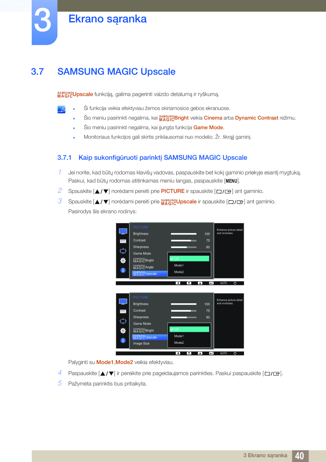 Samsung LS24D391HL/EN manual Kaip sukonfigūruoti parinktį Samsung Magic Upscale 