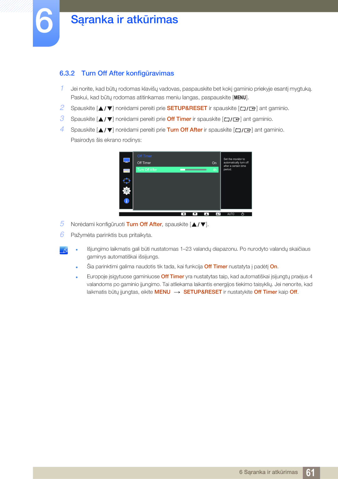 Samsung LS24D391HL/EN manual Turn Off After konfigūravimas 