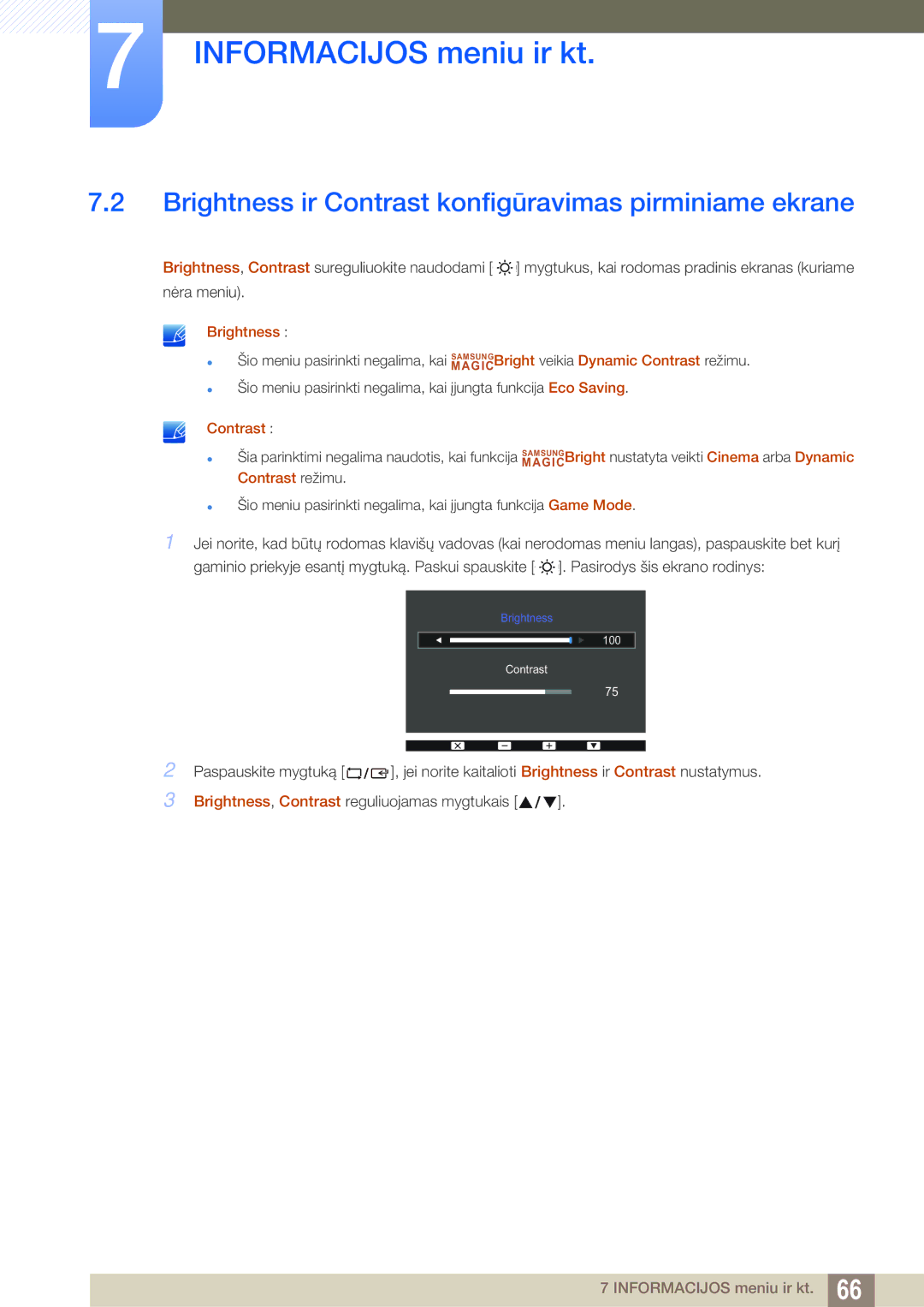 Samsung LS24D391HL/EN manual Brightness ir Contrast konfigūravimas pirminiame ekrane 