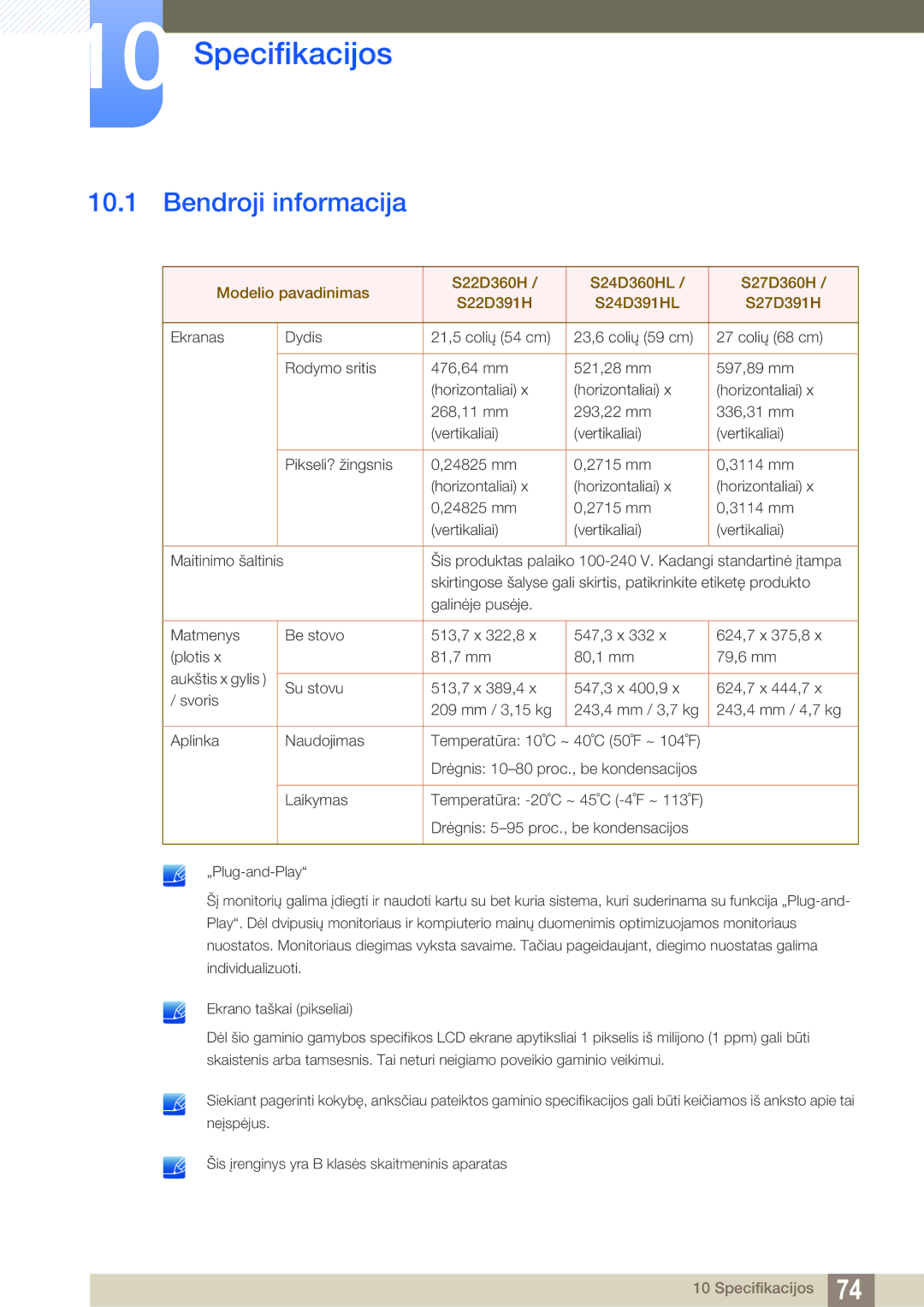 Samsung LS24D391HL/EN manual Specifikacijos, Bendroji informacija 