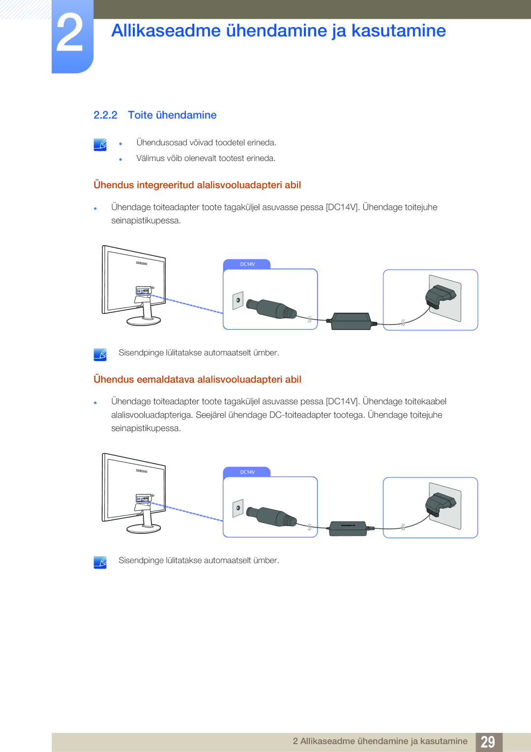 Samsung LS24D391HL/EN manual Toite ühendamine, Ühendus integreeritud alalisvooluadapteri abil 