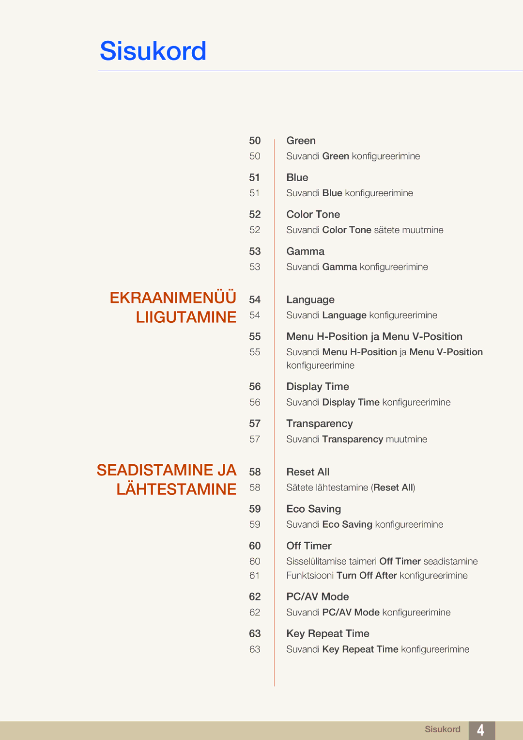 Samsung LS24D391HL/EN manual Ekraanimenüü Liigutamine Seadistamine JA Lähtestamine 