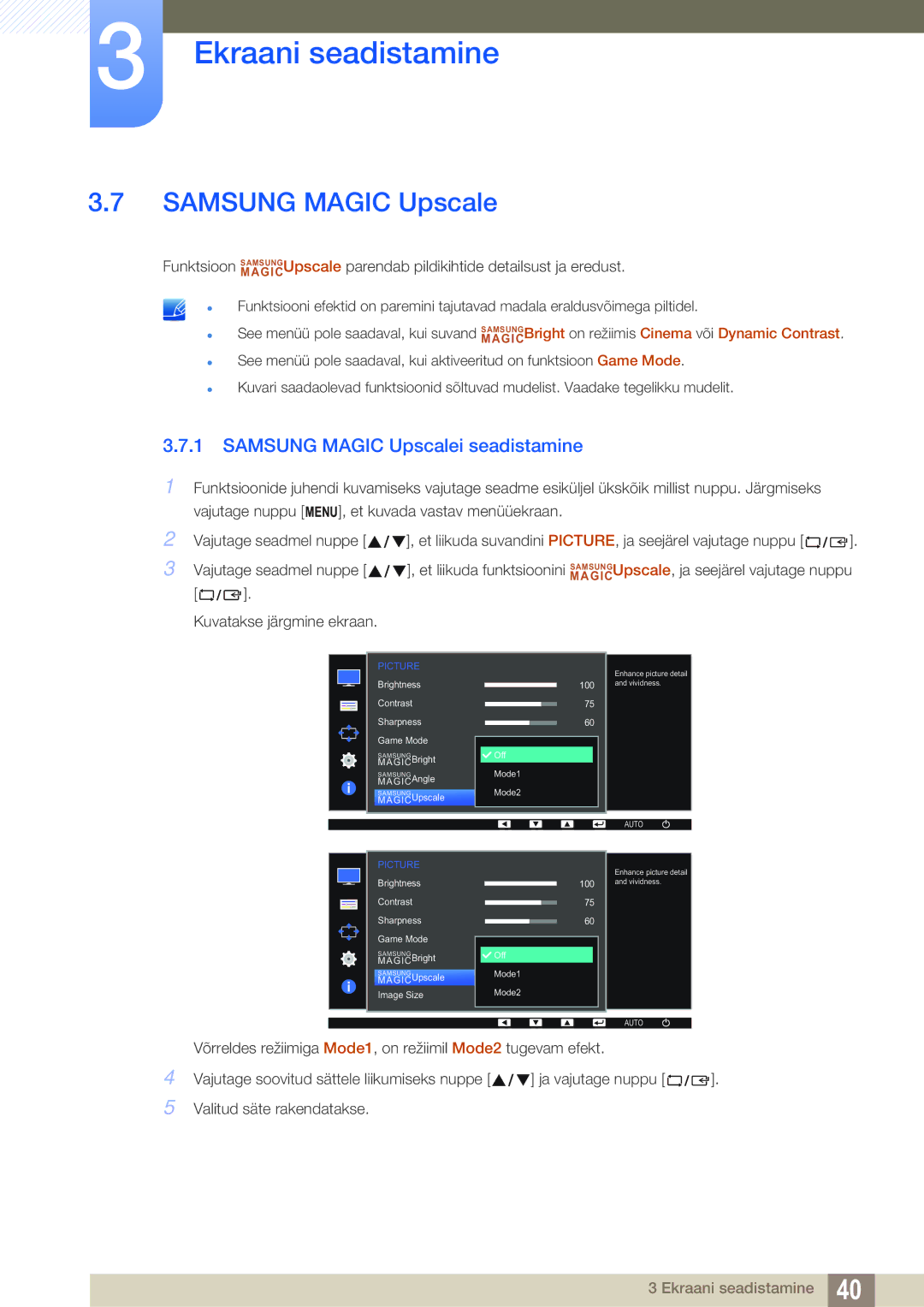 Samsung LS24D391HL/EN manual Samsung Magic Upscalei seadistamine 