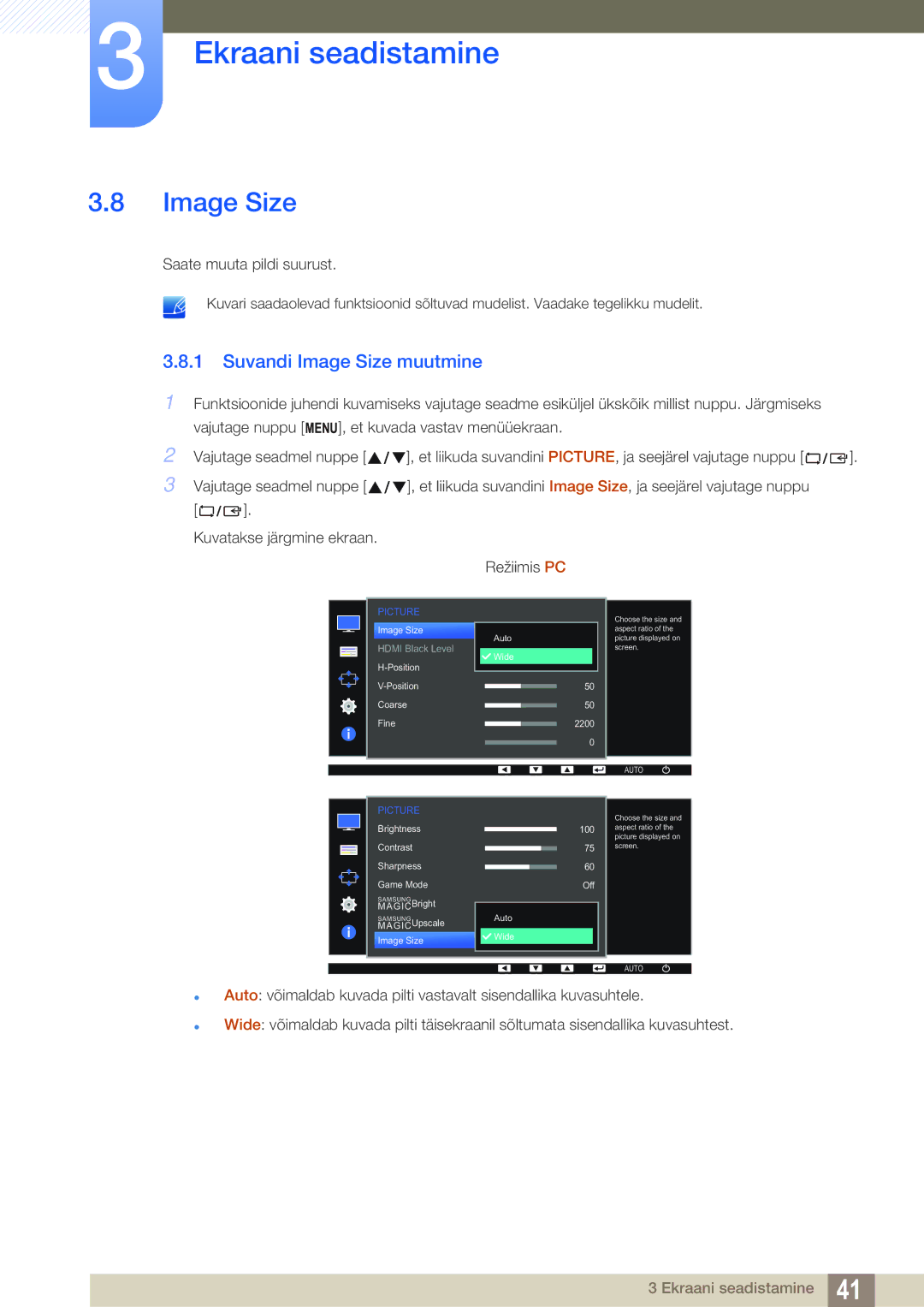 Samsung LS24D391HL/EN manual Suvandi Image Size muutmine 