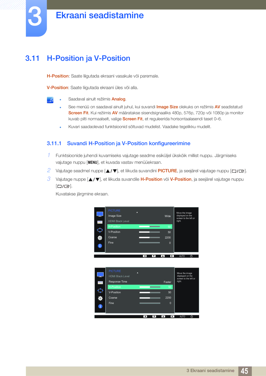 Samsung LS24D391HL/EN manual Suvandi H-Position ja V-Position konfigureerimine 