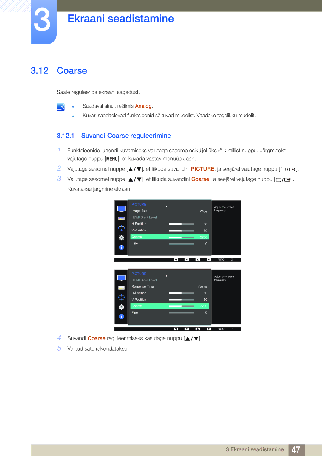 Samsung LS24D391HL/EN manual Suvandi Coarse reguleerimine 