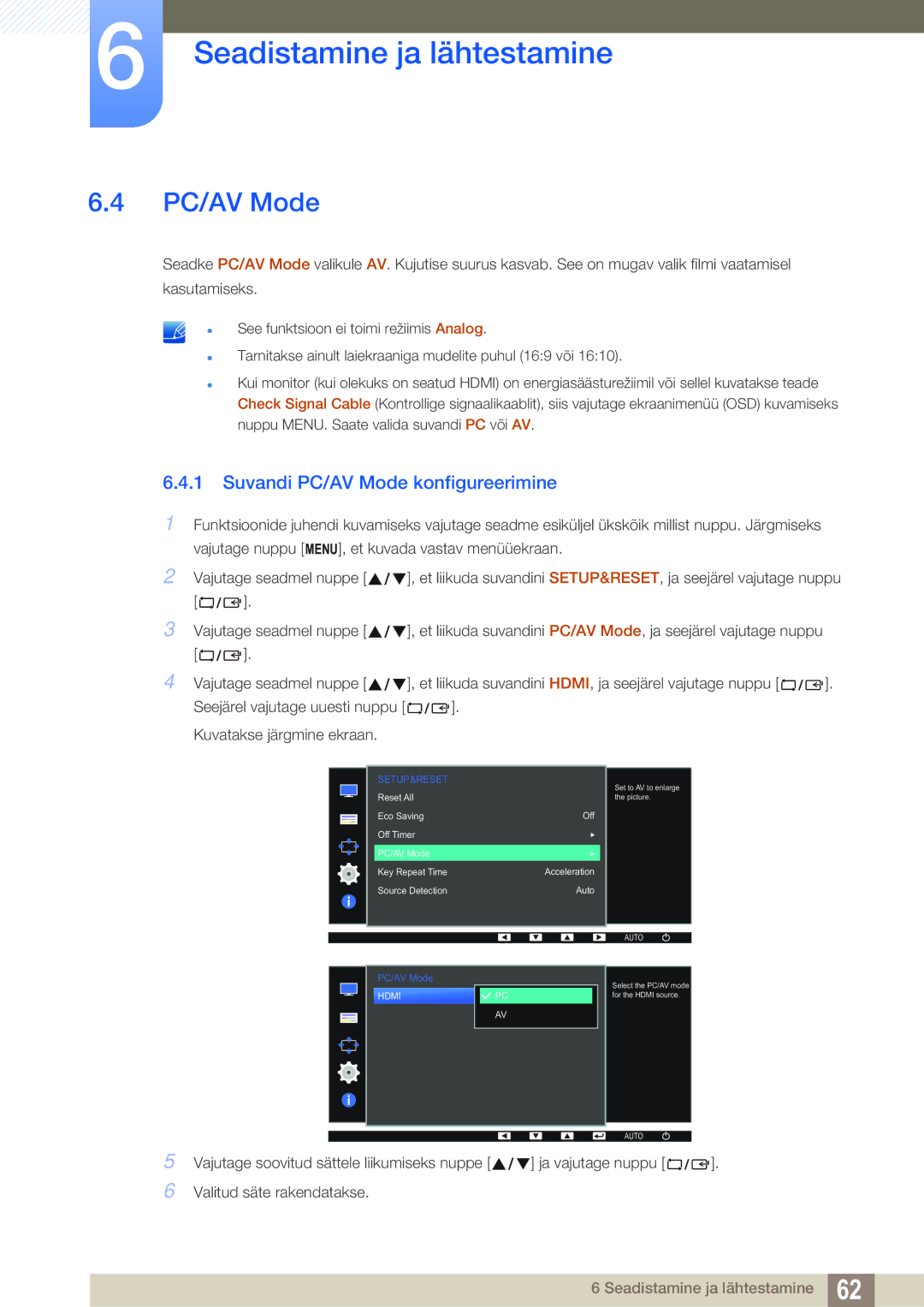 Samsung LS24D391HL/EN manual Suvandi PC/AV Mode konfigureerimine 