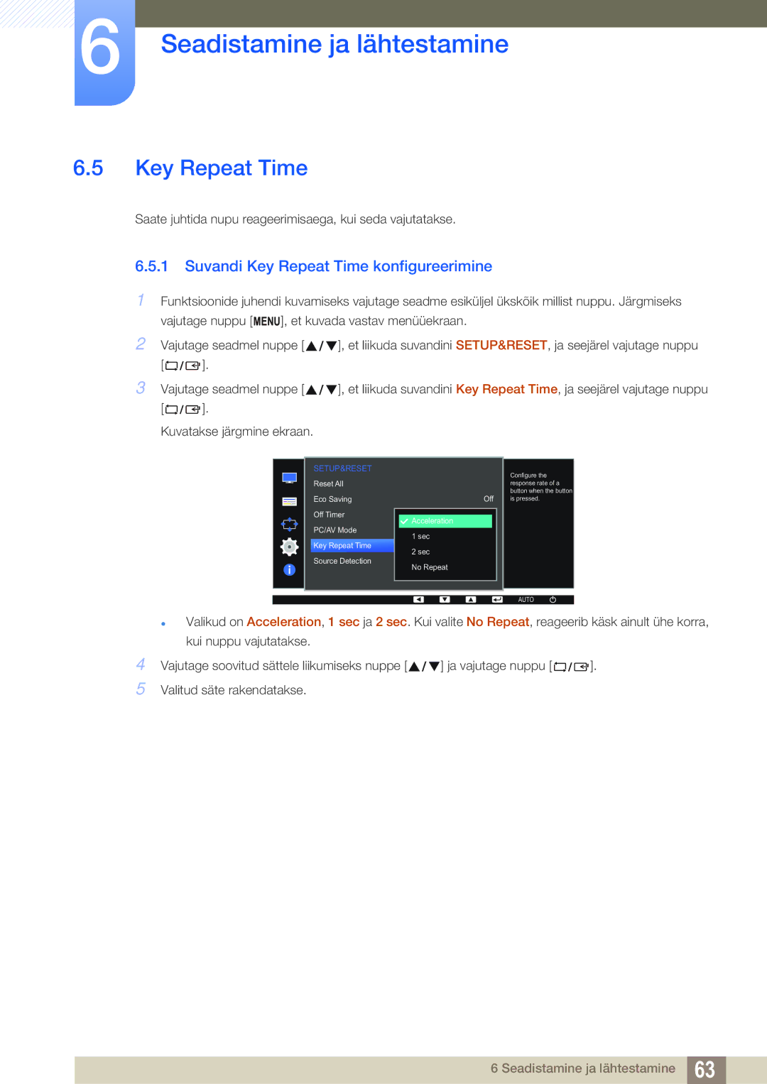 Samsung LS24D391HL/EN manual Suvandi Key Repeat Time konfigureerimine 