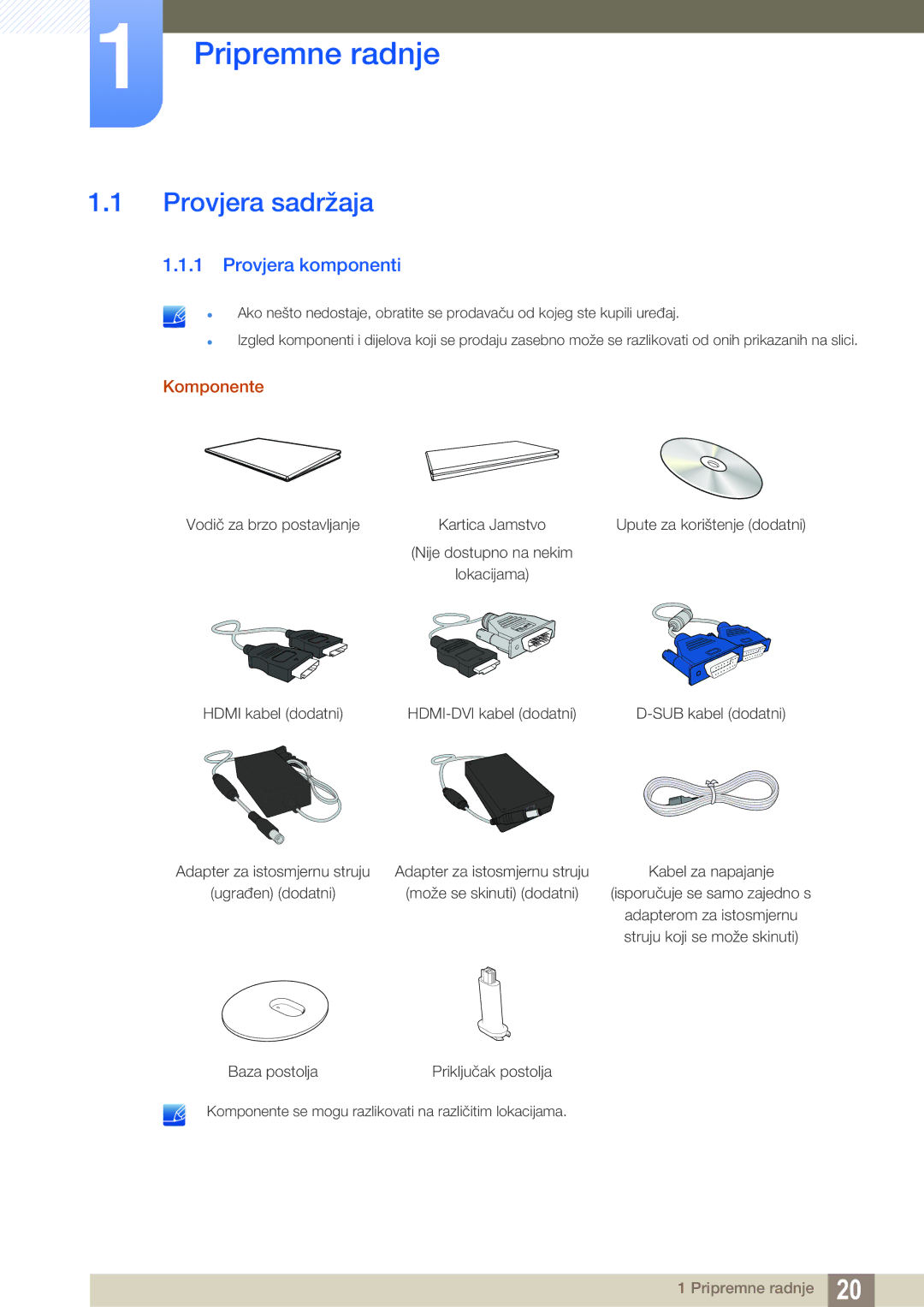 Samsung LS24D391HL/EN manual Pripremne radnje, Provjera sadržaja, Provjera komponenti, Komponente 