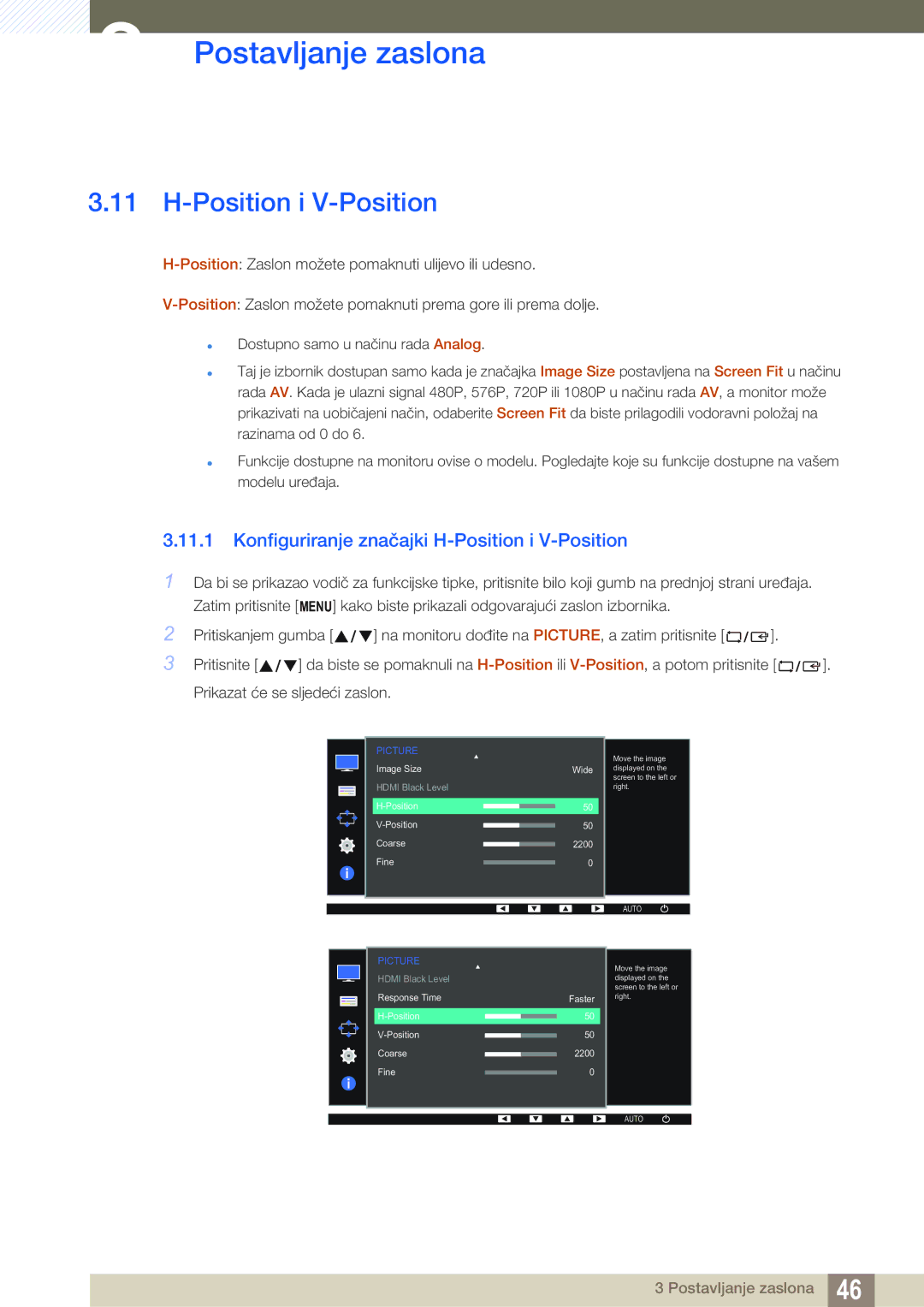 Samsung LS24D391HL/EN manual Konfiguriranje značajki H-Position i V-Position 