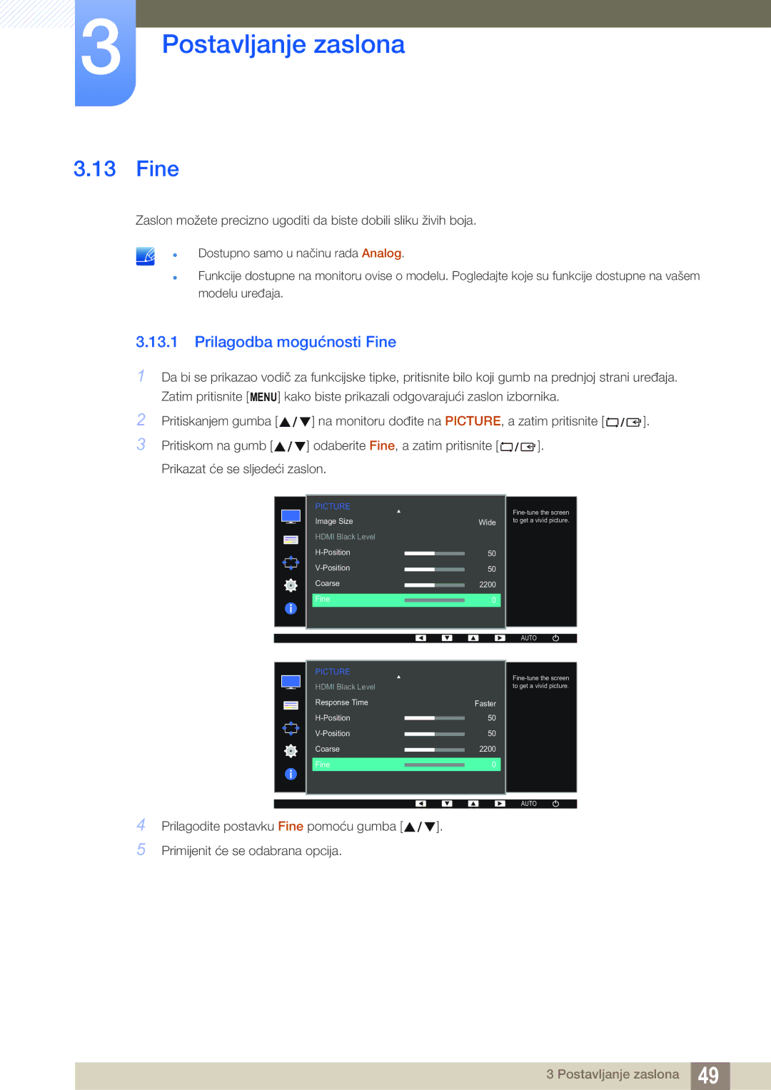 Samsung LS24D391HL/EN manual Prilagodba mogućnosti Fine 