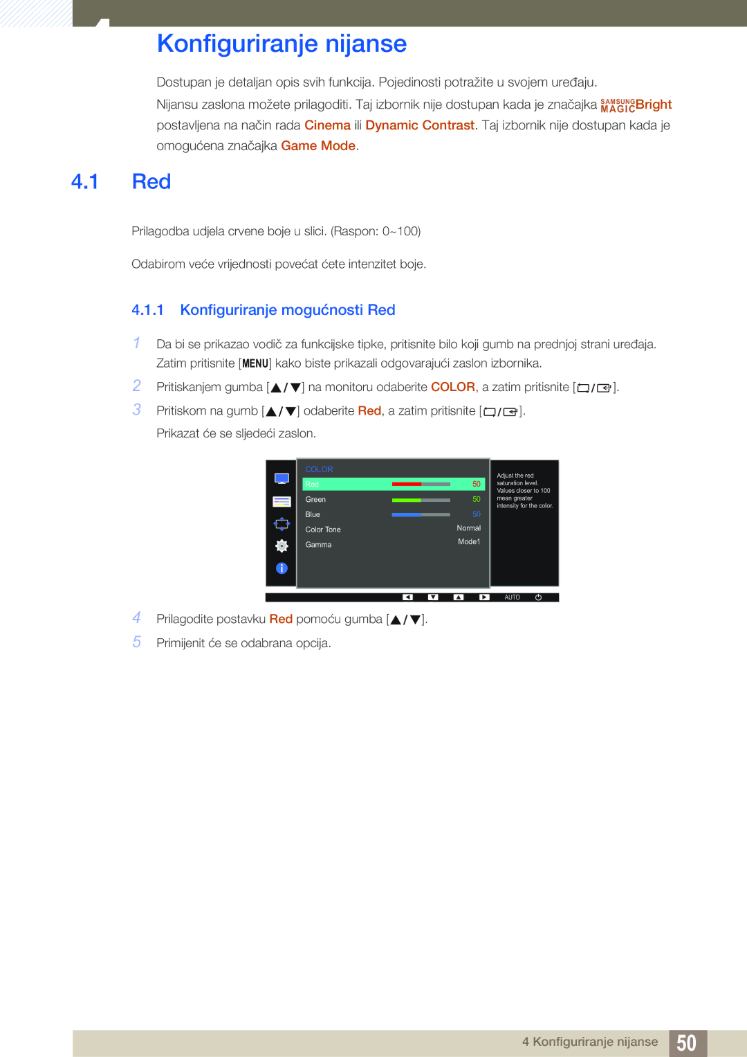 Samsung LS24D391HL/EN manual Konfiguriranje nijanse, Konfiguriranje mogućnosti Red 