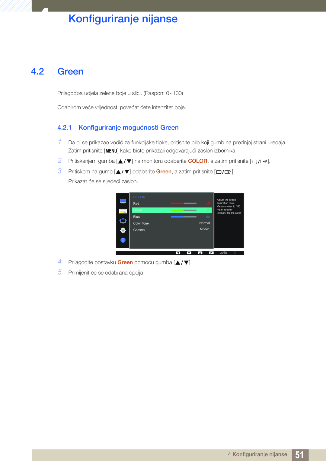 Samsung LS24D391HL/EN manual Konfiguriranje mogućnosti Green 