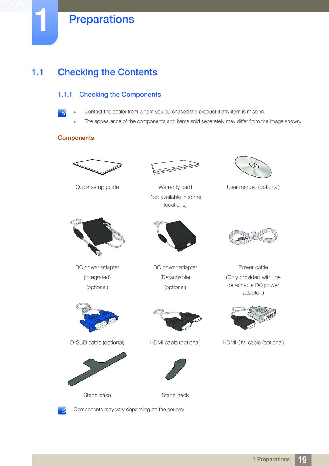 Samsung LS24D590PLO/RU, LS24D590PLX/EN, LS27D590PSX/EN, LS24D590PL/ZR, LS27D590PS/UE manual Preparations, Checking the Contents 