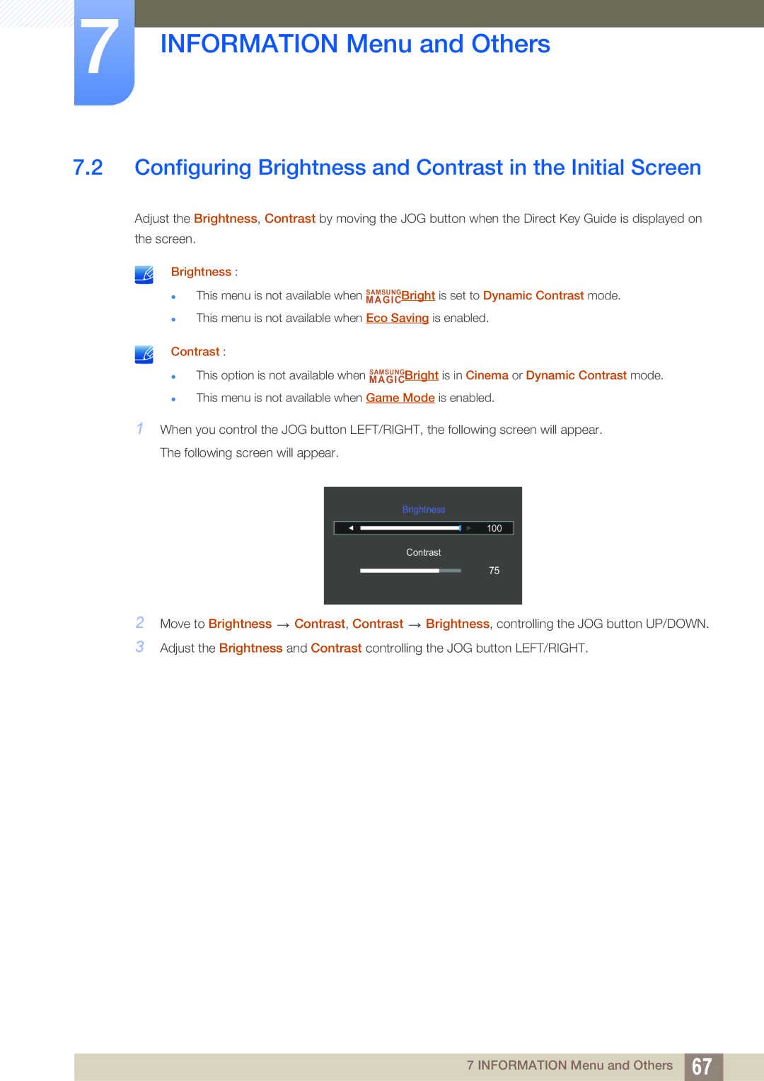 Samsung LS24D590PL/ZR, LS24D590PLX/EN, LS27D590PSX/EN manual Configuring Brightness and Contrast in the Initial Screen 