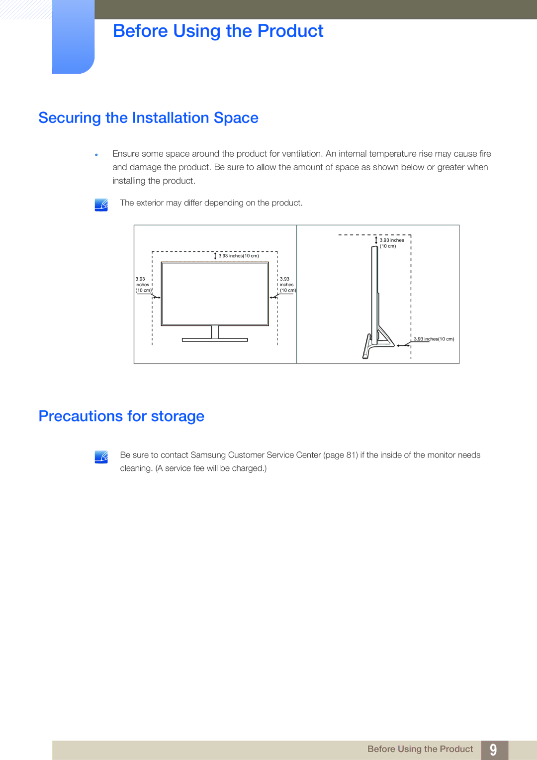 Samsung LS24D590PLX/KZ, LS24D590PLX/EN, LS27D590PSX/EN manual Securing the Installation Space, Precautions for storage 