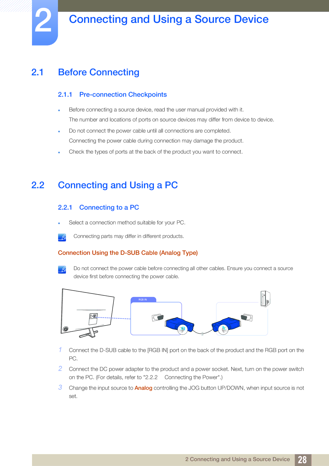 Samsung LS24D590PL/ZR, LS24D590PLX/EN Connecting and Using a Source Device, Before Connecting, Connecting and Using a PC 