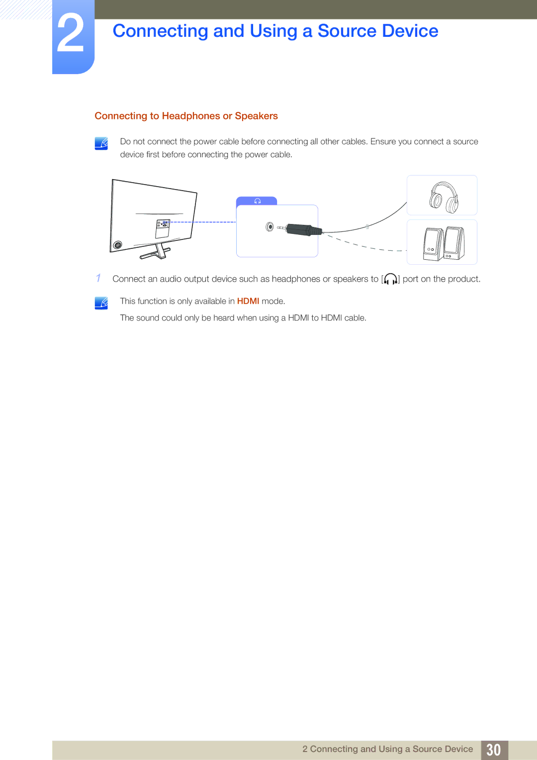 Samsung LS24D590PL/XV, LS24D590PLX/EN, LS27D590PSX/EN, LS24D590PL/ZR, LS27D590PS/UE manual Connecting to Headphones or Speakers 