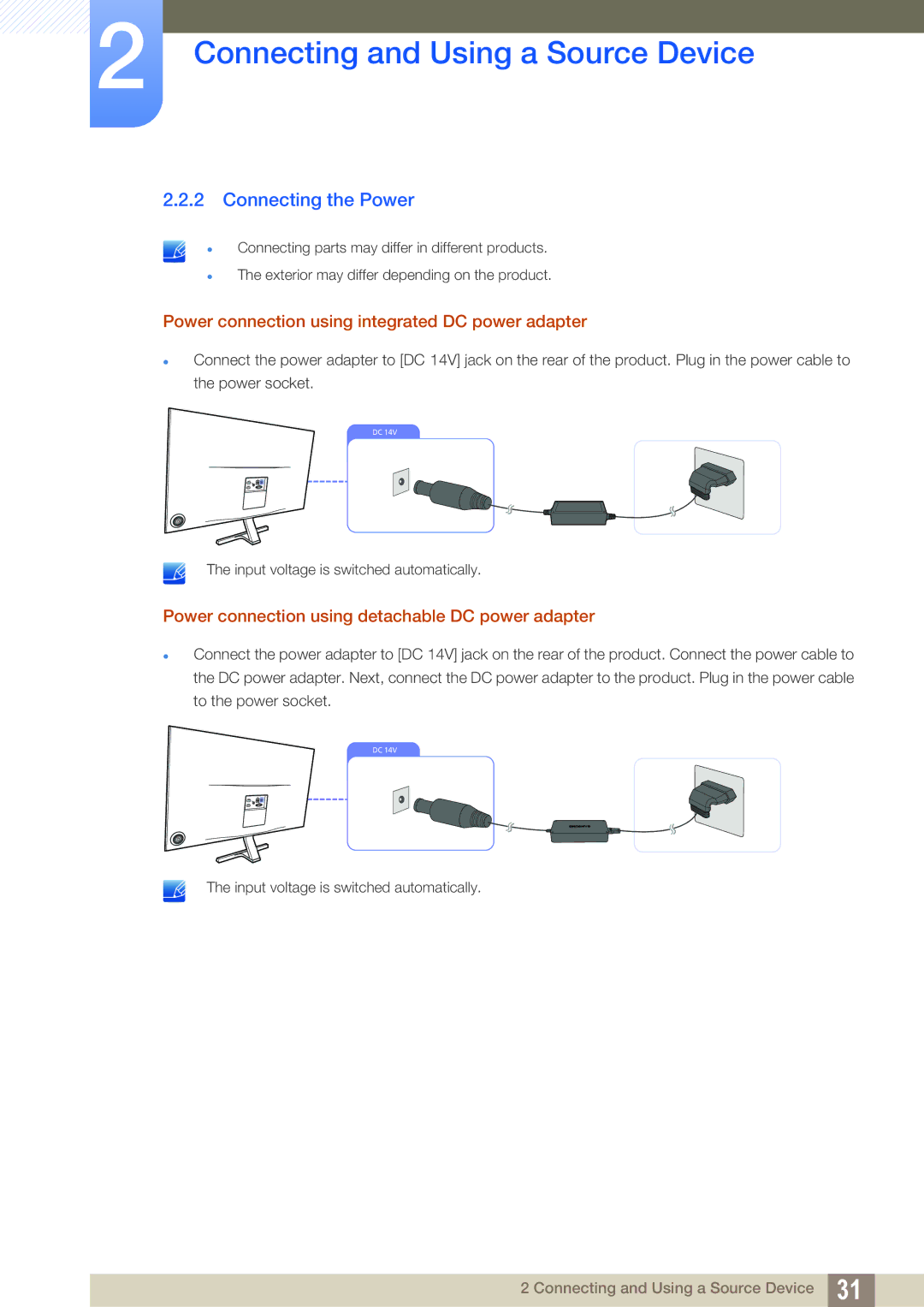 Samsung LS27D590PS/XV, LS24D590PLX/EN manual Connecting the Power, Power connection using integrated DC power adapter 