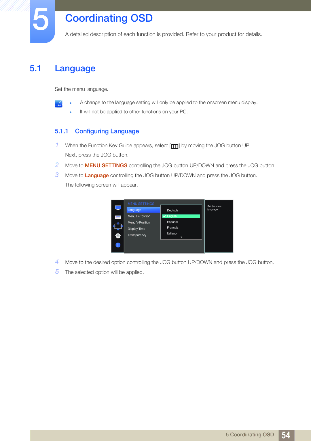 Samsung LS24D590PL/ZR, LS24D590PLX/EN, LS27D590PSX/EN, LS27D590PS/UE manual Coordinating OSD, Configuring Language 