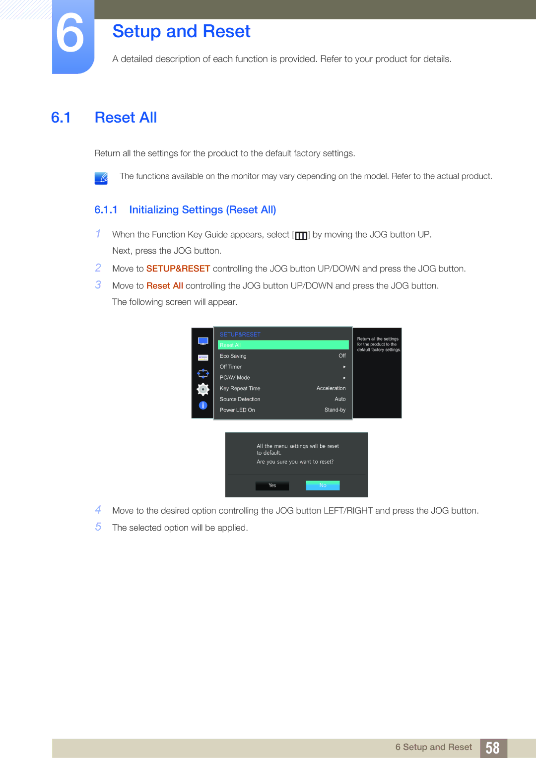 Samsung LS24D590PLO/RU, LS24D590PLX/EN, LS27D590PSX/EN, LS24D590PL/ZR Setup and Reset, Initializing Settings Reset All 